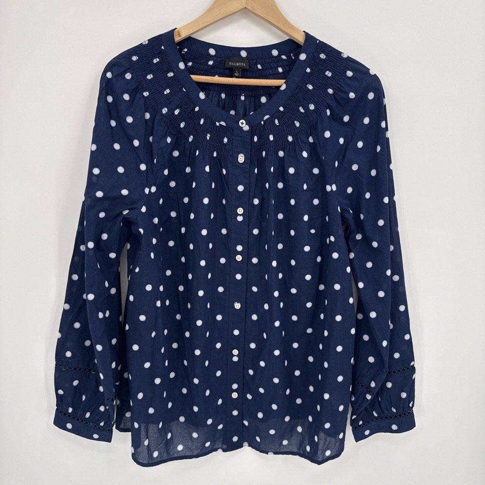 Talbots Womens Navy Polka Dot Ruched Button Up Top Size Large Lightweight